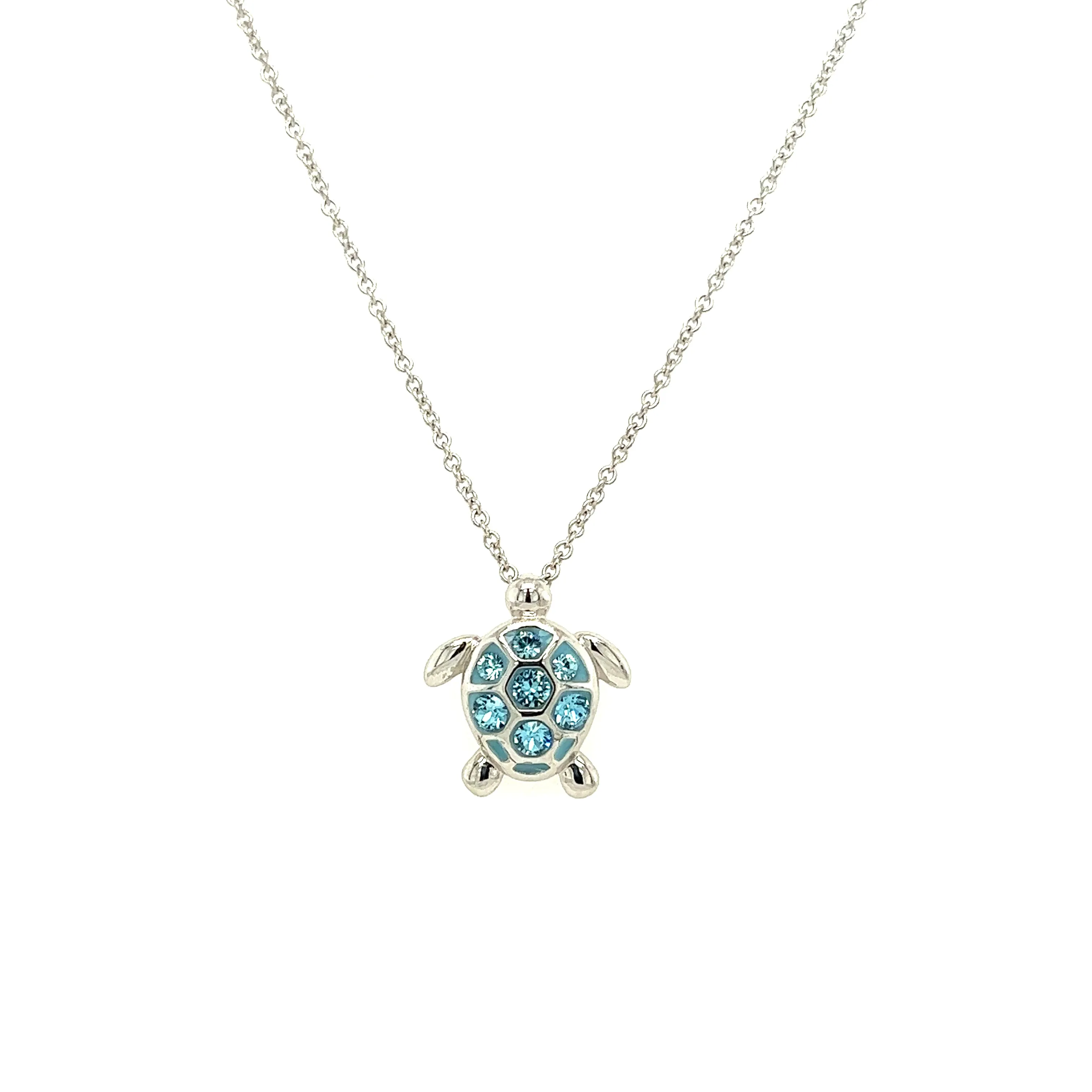 Sea Turtle Necklace with Aqua Crystals in Sterling Silver