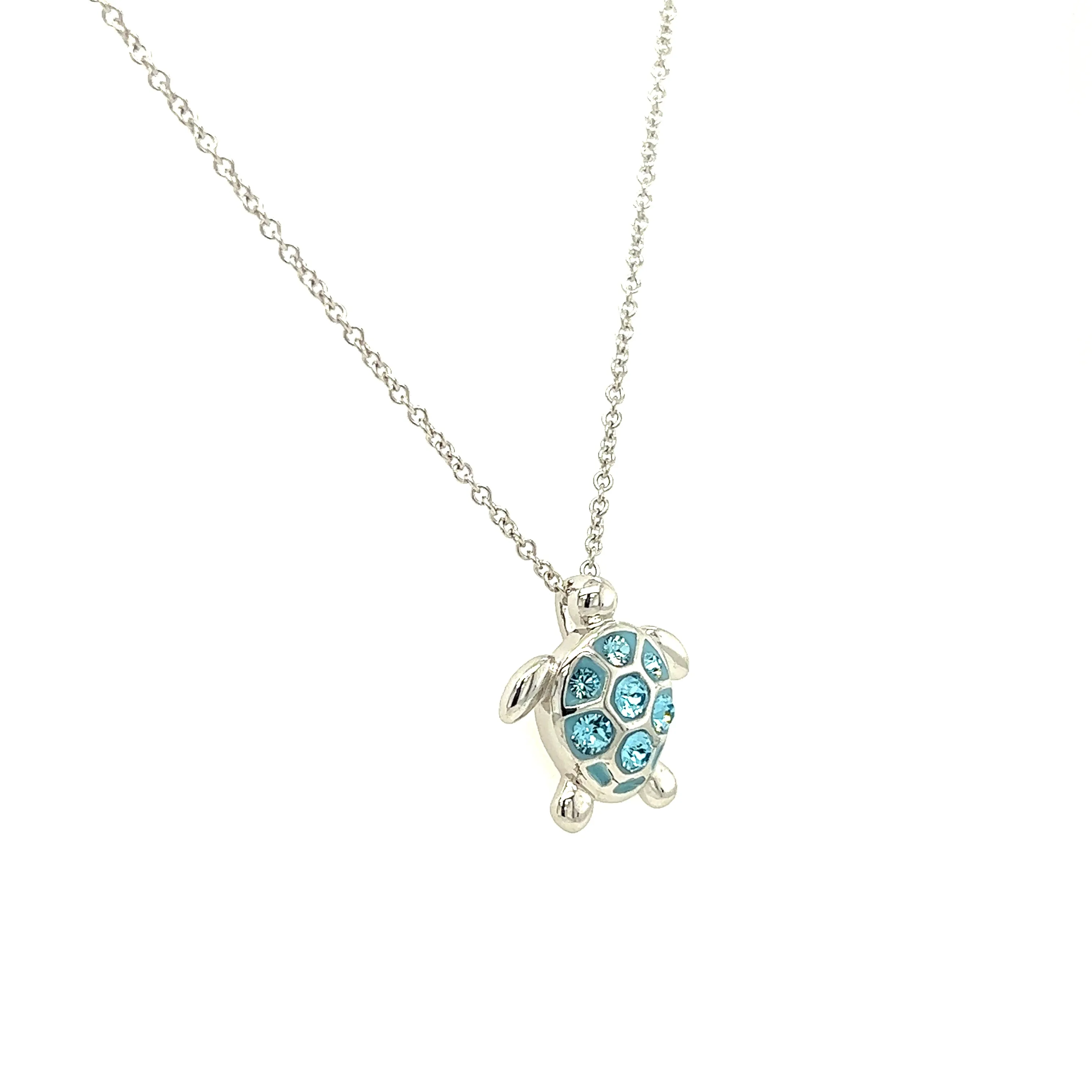 Sea Turtle Necklace with Aqua Crystals in Sterling Silver