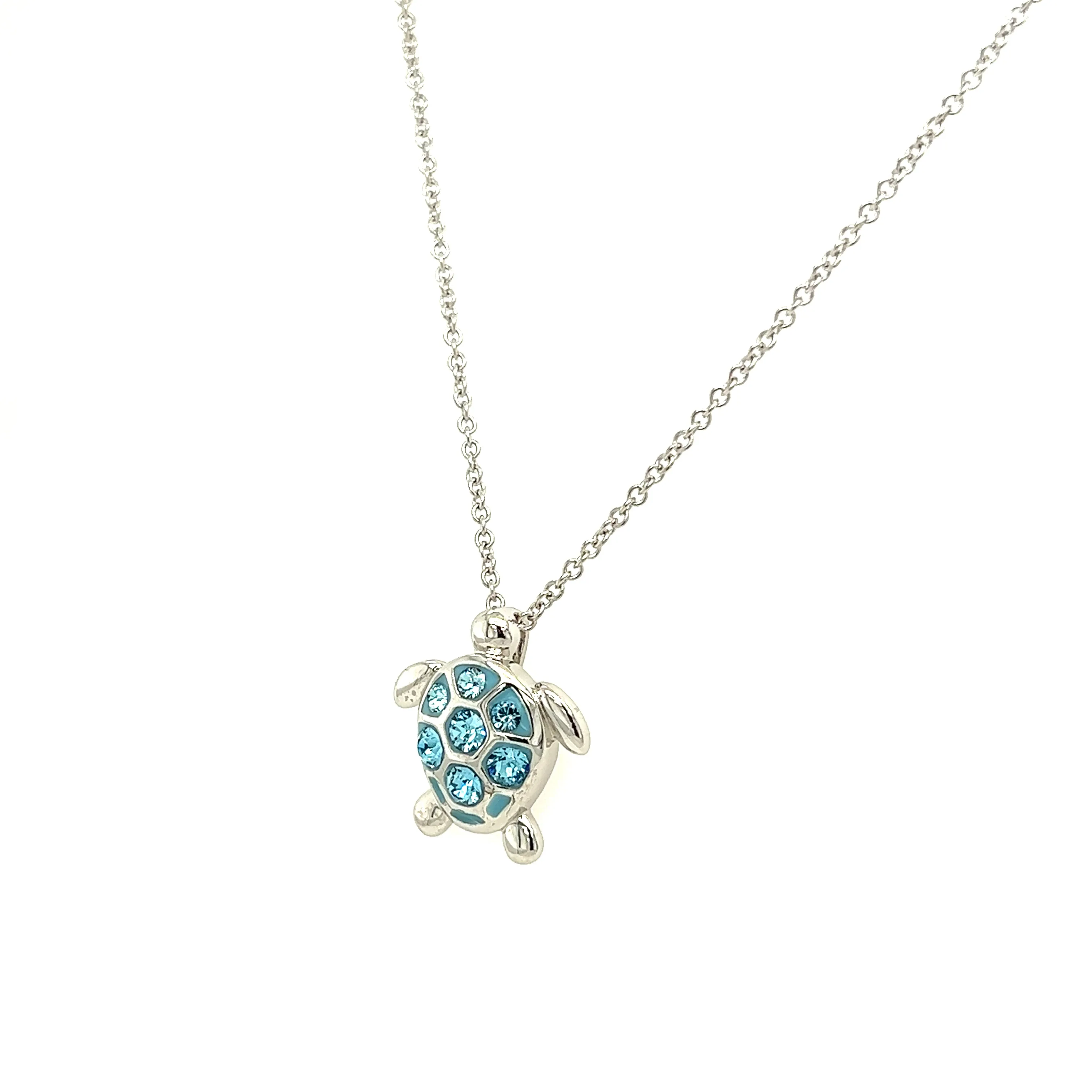 Sea Turtle Necklace with Aqua Crystals in Sterling Silver