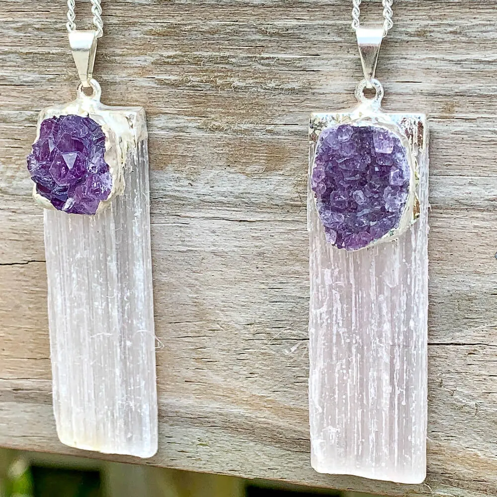 Selenite and Amethyst Cluster Pendant Necklace