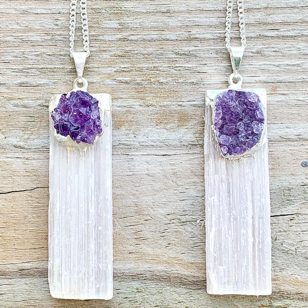 Selenite and Amethyst Cluster Pendant Necklace