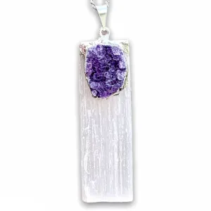 Selenite and Amethyst Cluster Pendant Necklace