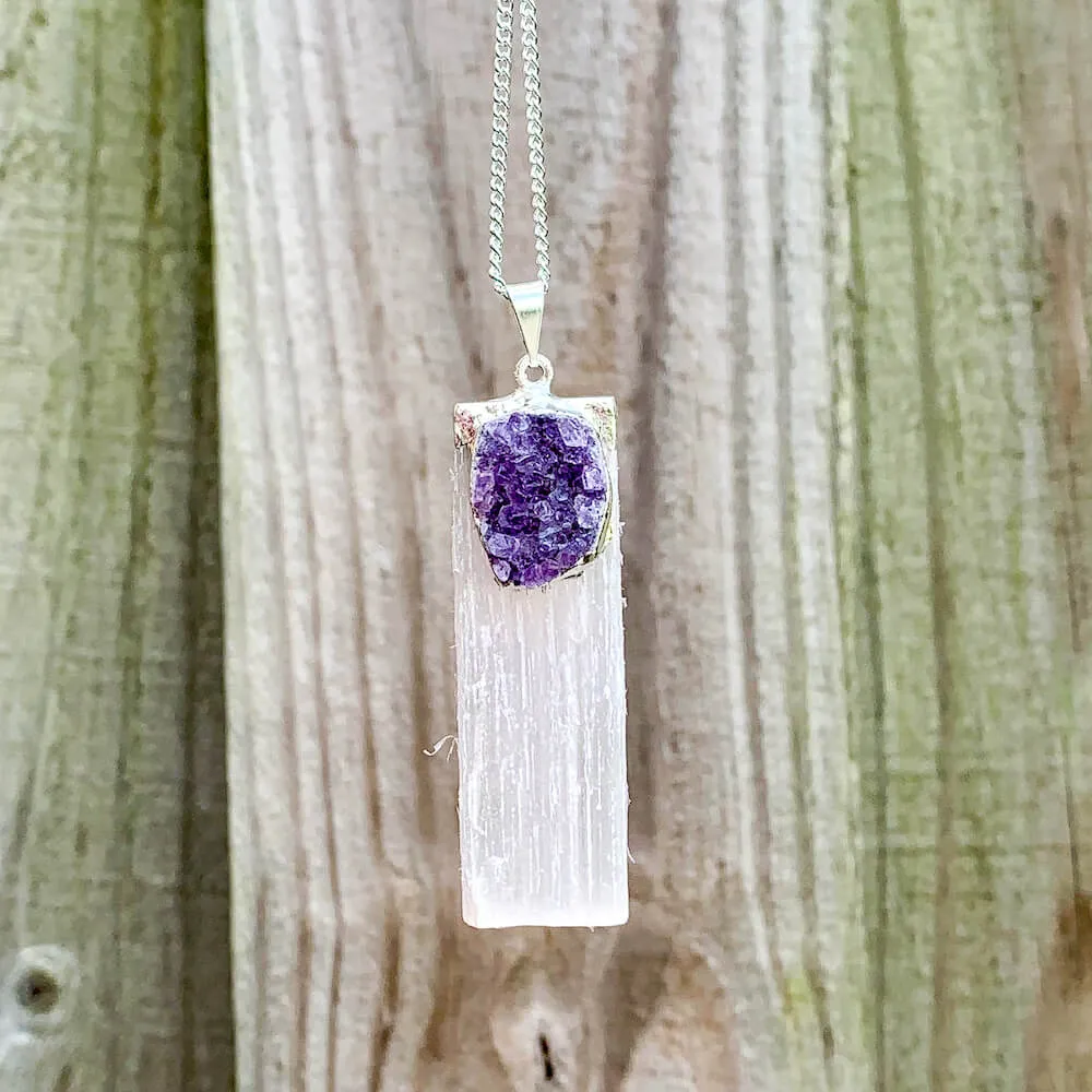 Selenite and Amethyst Cluster Pendant Necklace