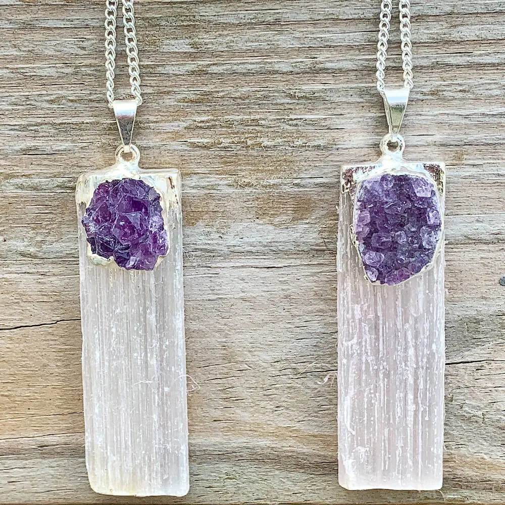 Selenite and Amethyst Cluster Pendant Necklace