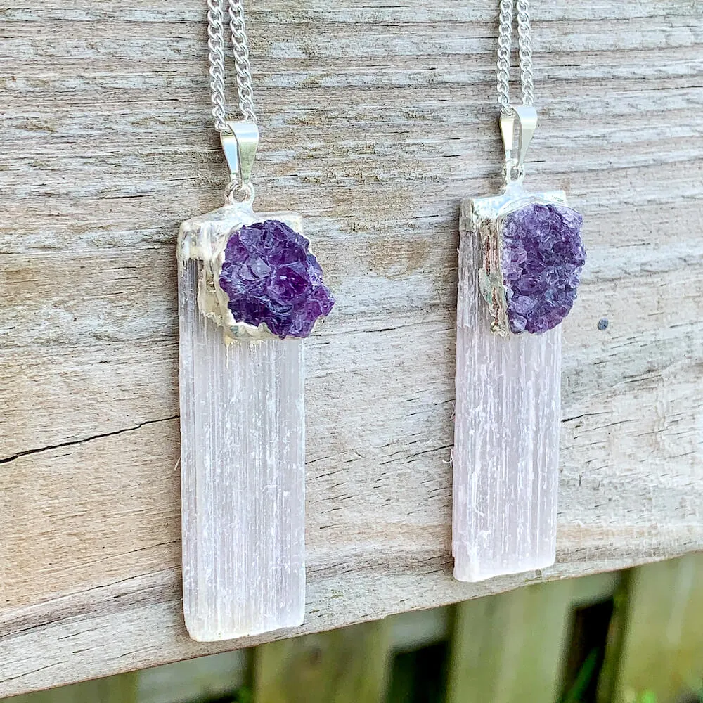 Selenite and Amethyst Cluster Pendant Necklace