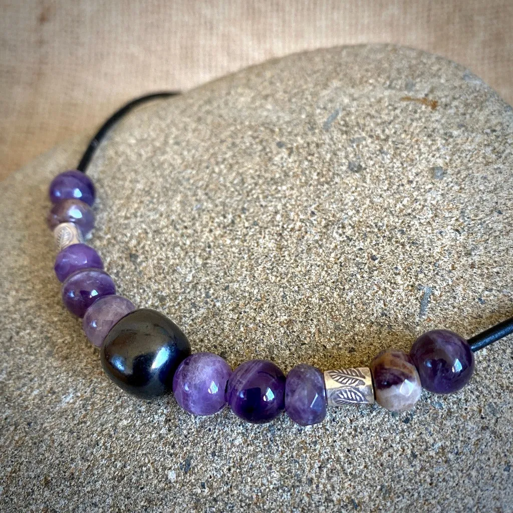 Shungite Cube Bead Necklace, Amethyst, Intuition, Calming the Mind