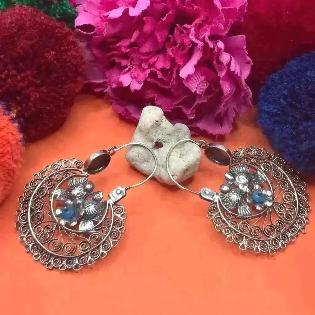 Silver Arracadas Earrings with doves, flowers and lapis lazuli