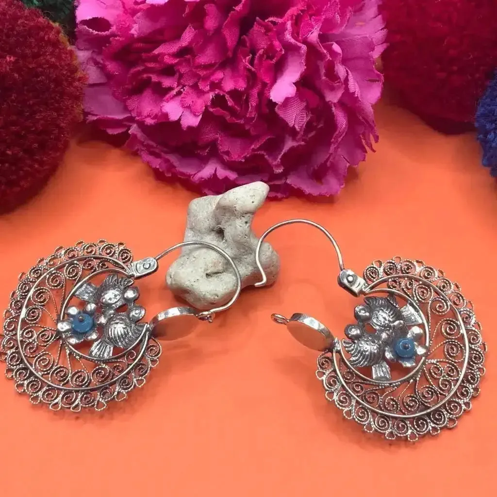 Silver Arracadas Earrings with doves, flowers and lapis lazuli