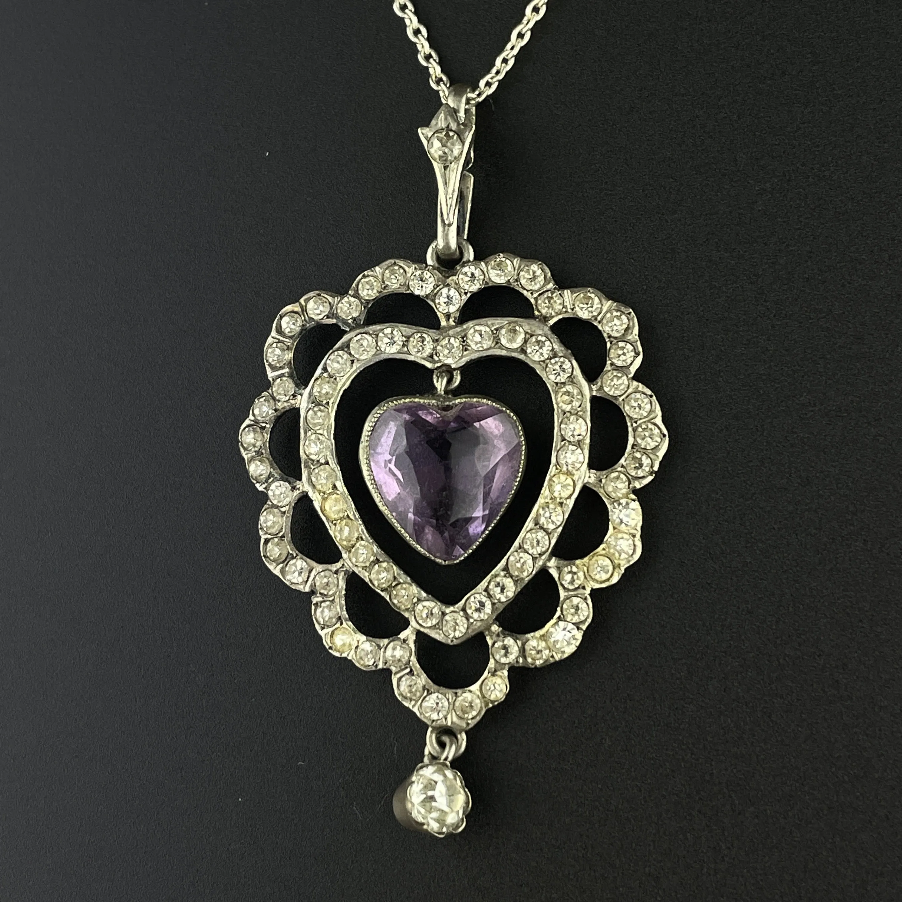 Silver Edwardian Amethyst Diamond Paste Pendant Necklace