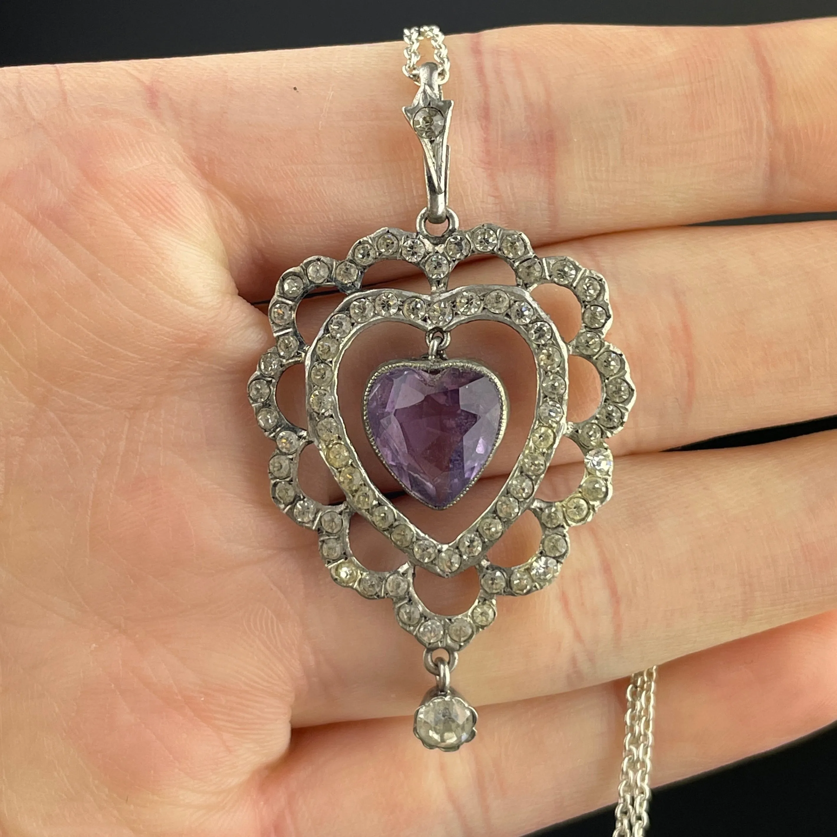 Silver Edwardian Amethyst Diamond Paste Pendant Necklace