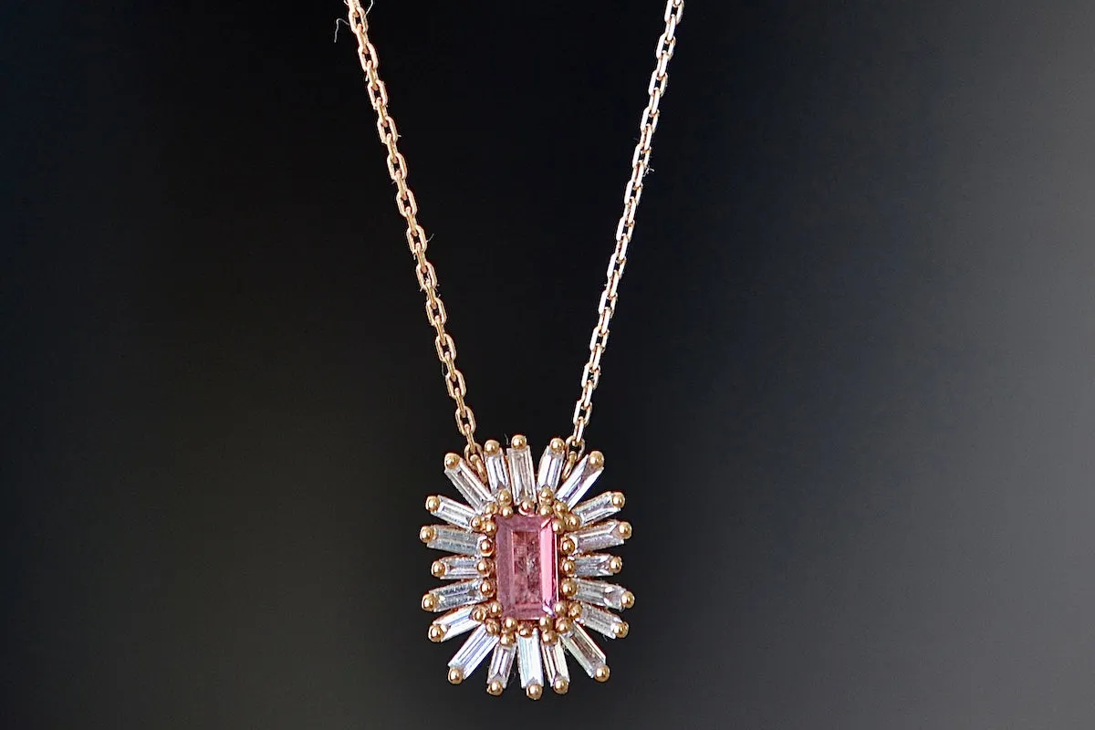 SK Pink Sapphire Necklace with Diamond Baguette Halo