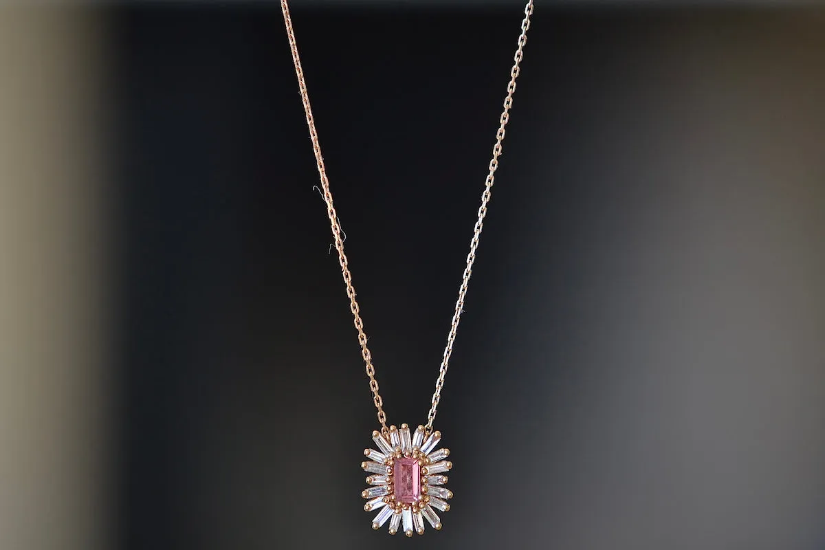 SK Pink Sapphire Necklace with Diamond Baguette Halo