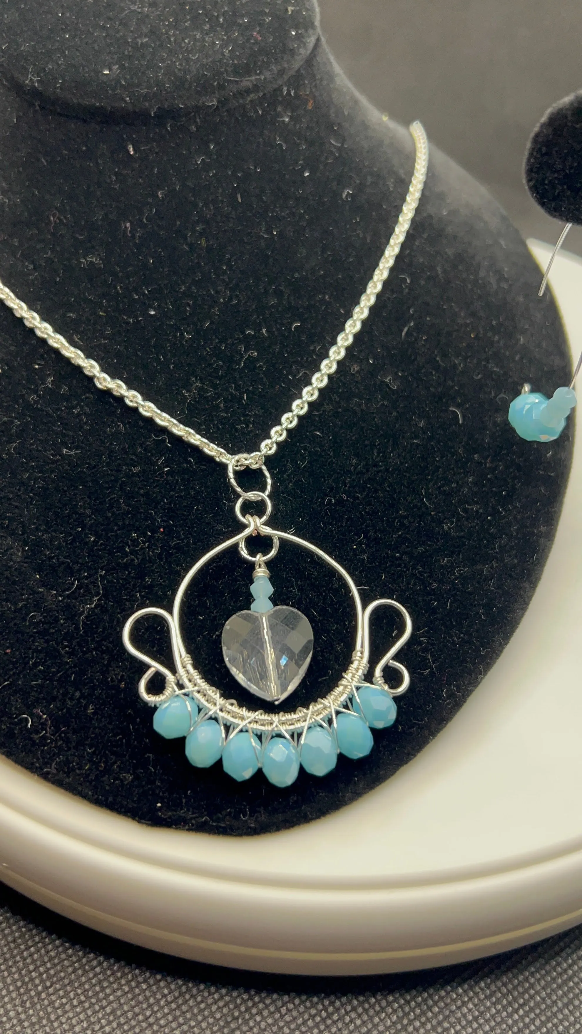 Sky Blue Crystals and Heart Wrapped Pendant Necklace and Earrings