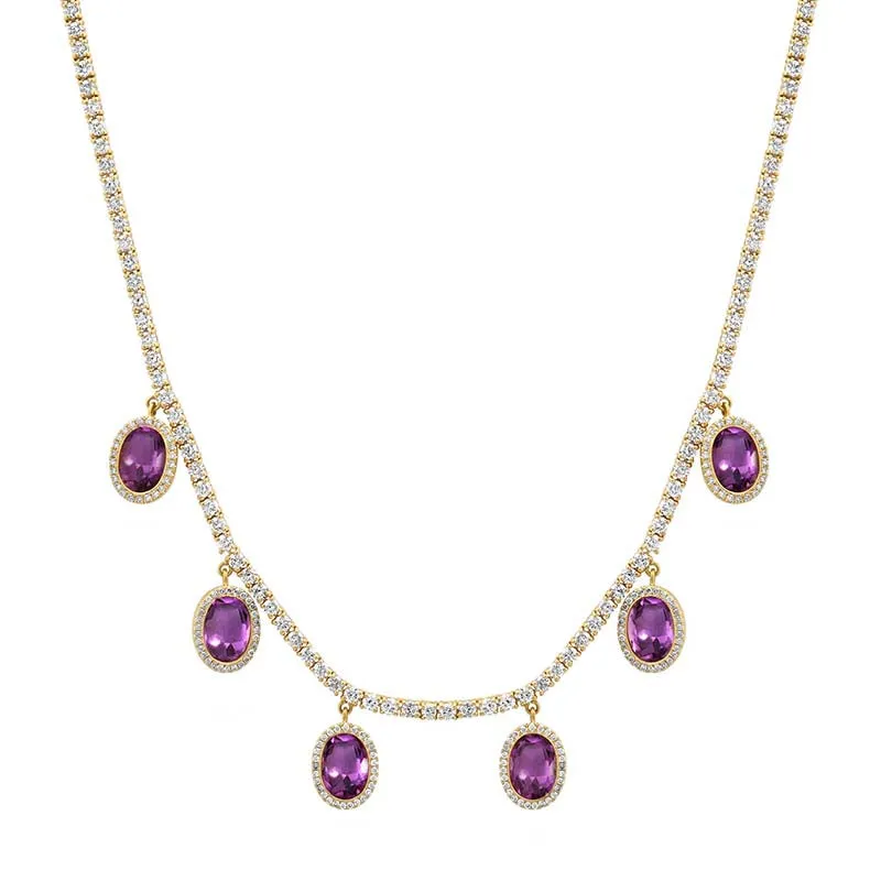 Small 4-Prong Diamond Tennis Necklace with Amethyst Bezel Accents