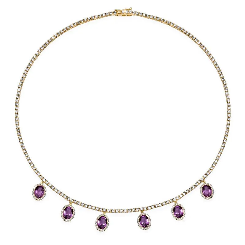 Small 4-Prong Diamond Tennis Necklace with Amethyst Bezel Accents