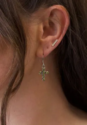 Solid Silver Peridot Encrusted Cross Drop Earrings