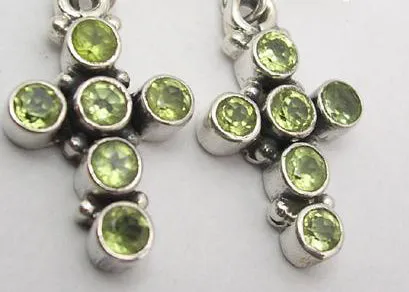 Solid Silver Peridot Encrusted Cross Drop Earrings