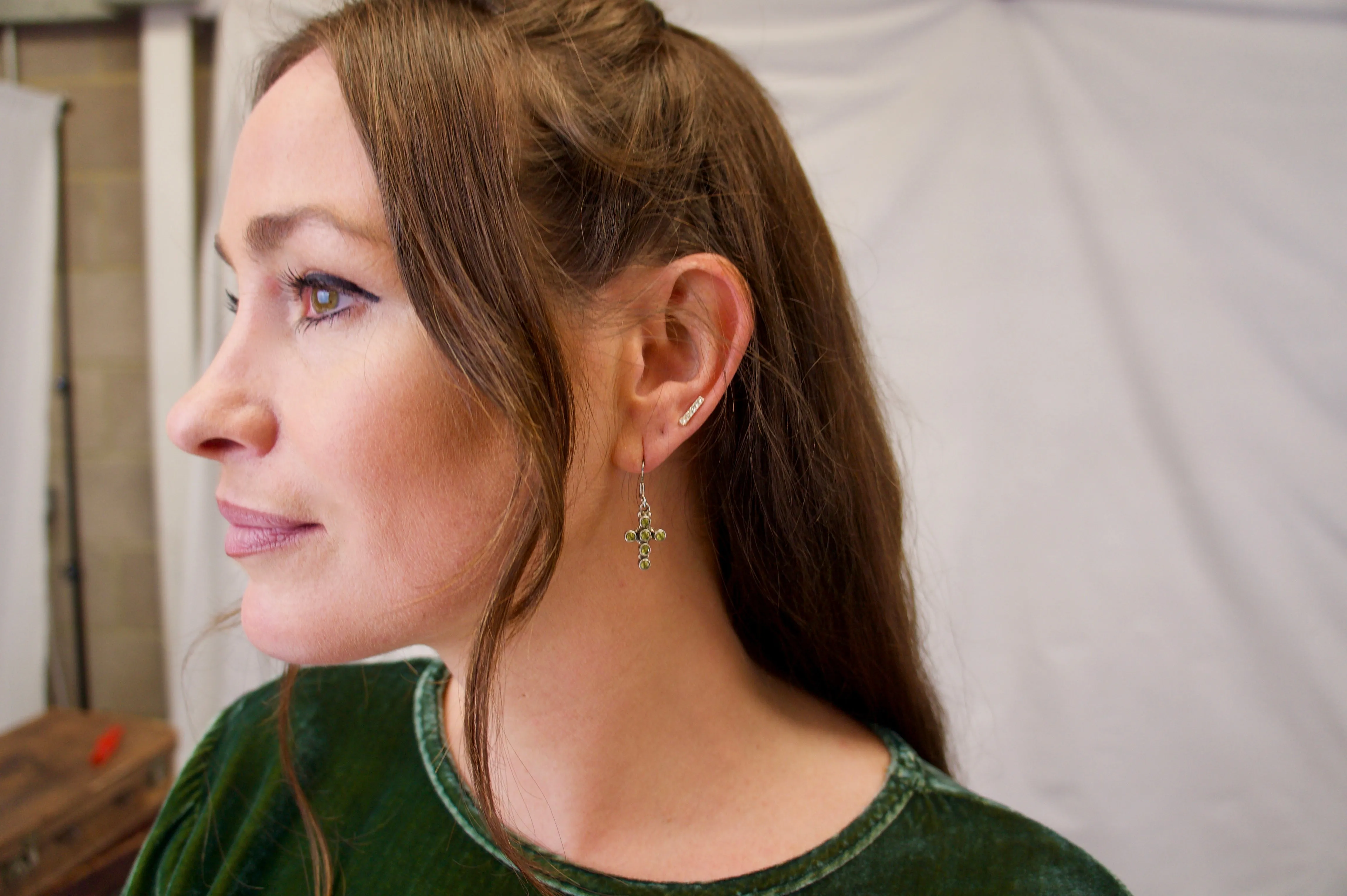 Solid Silver Peridot Encrusted Cross Drop Earrings