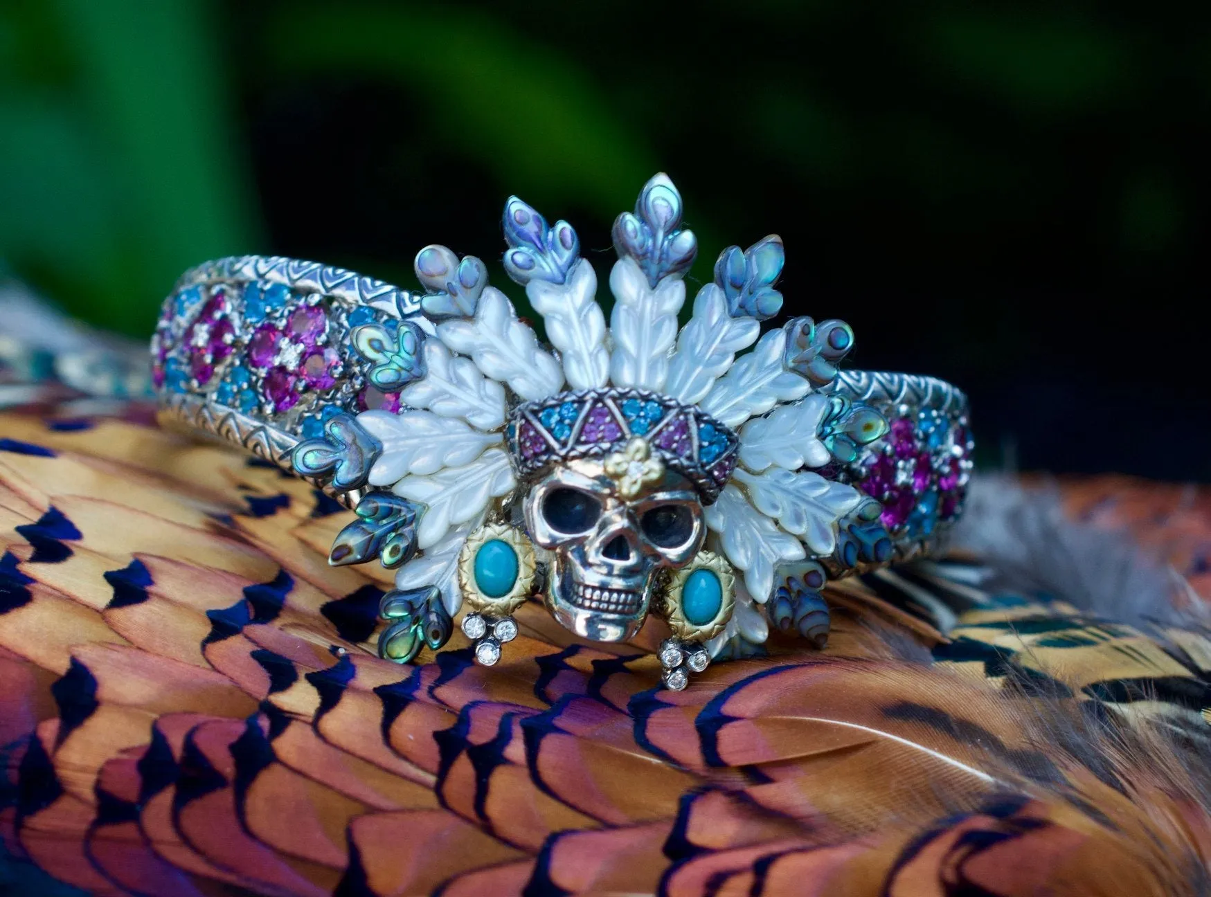 Special Order.Spiritual Warrior Cuff  – Diamond, Abalone, Mother of Pearl,  Apatite, Turquoise, & Pink garnet