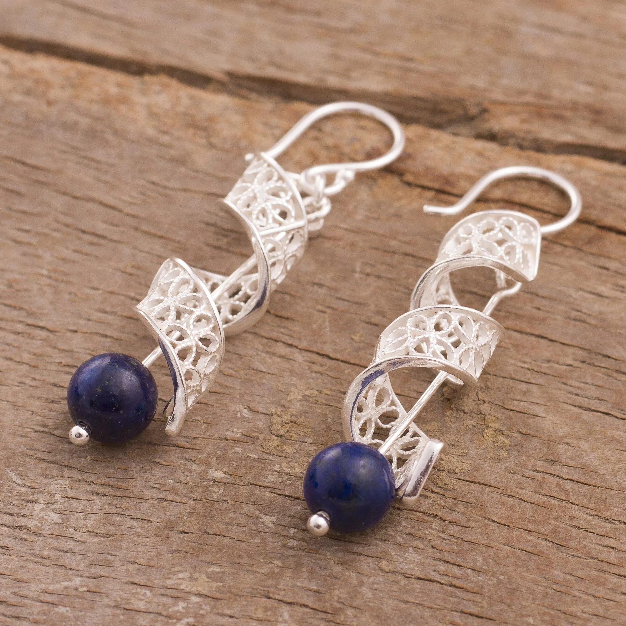 Spiral Lapis Lazuli Filigree Dangle Earrings from Peru - Spiral Dance | NOVICA