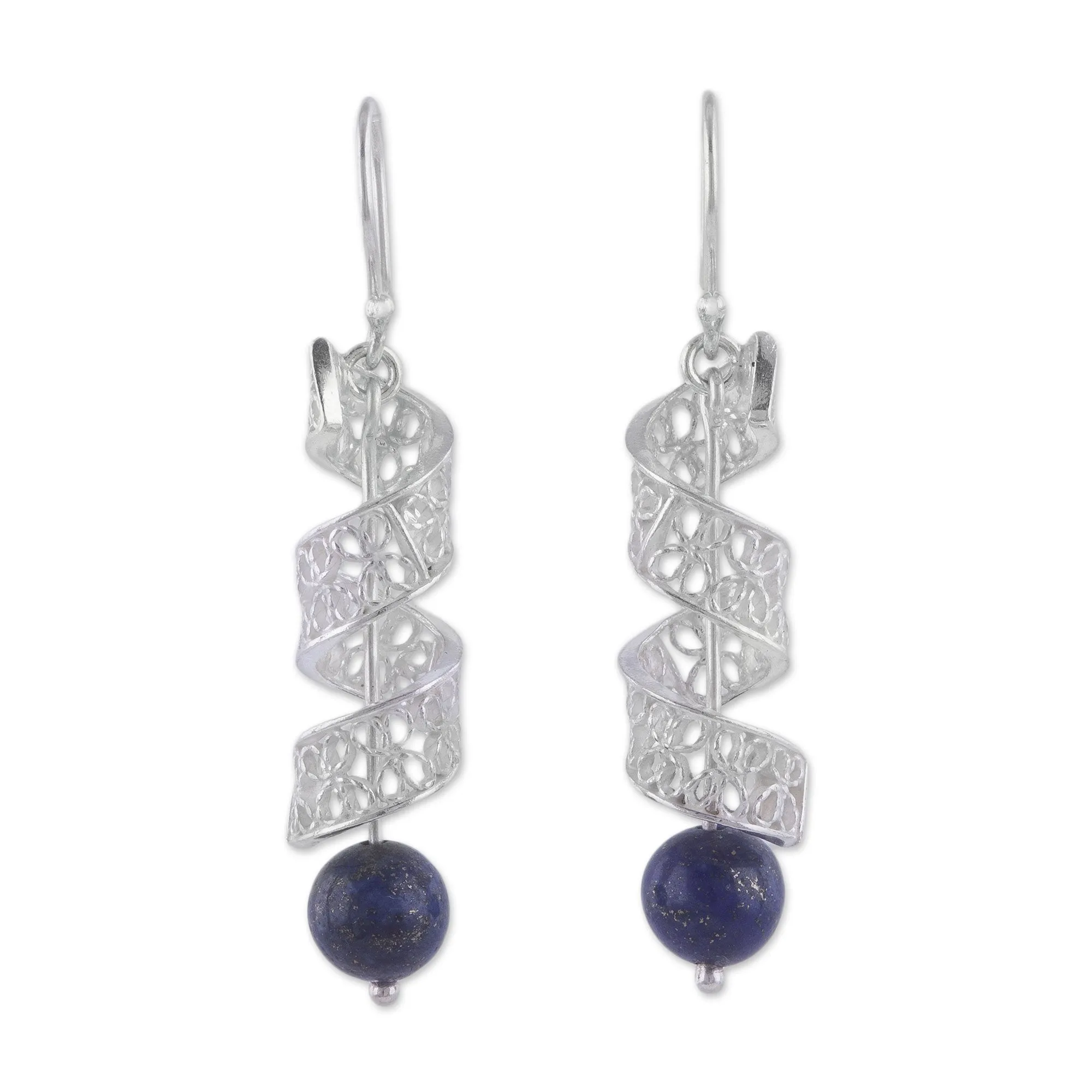 Spiral Lapis Lazuli Filigree Dangle Earrings from Peru - Spiral Dance | NOVICA