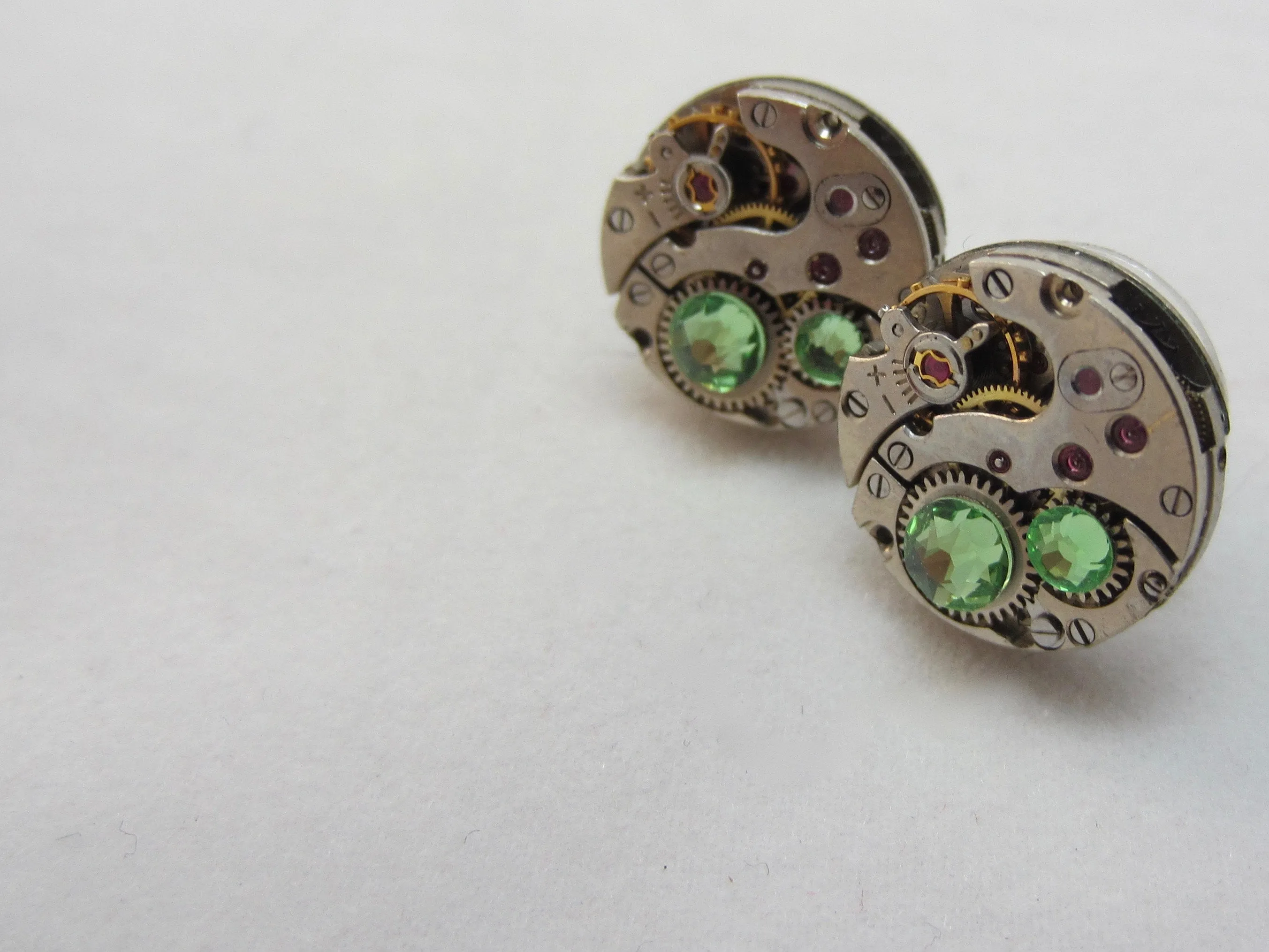 Steampunk Stud Earrings with Mechanical Watch Movement, Steampunk Earrings , Steampunk jewelry Peridot Birthstone August Birthday