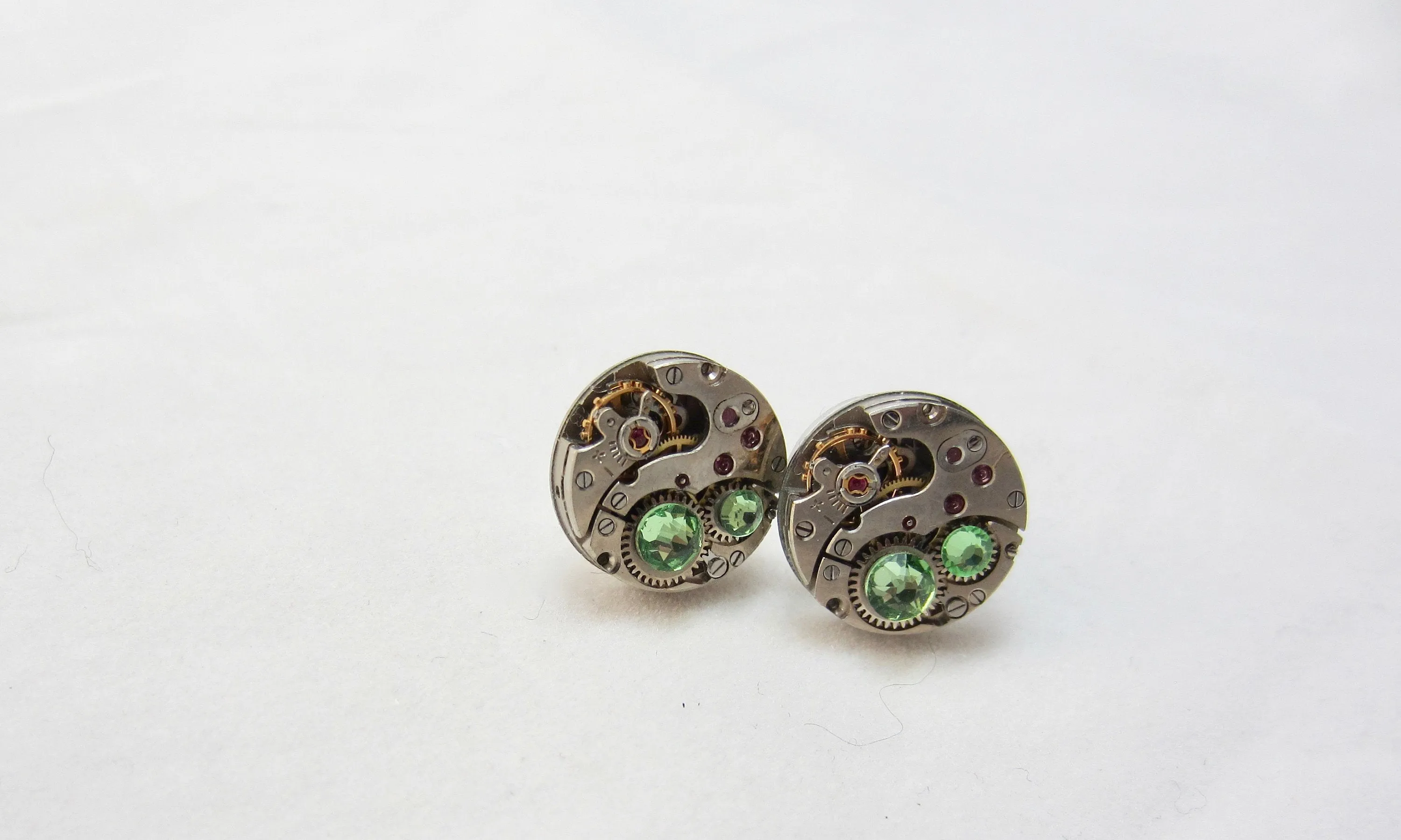 Steampunk Stud Earrings with Mechanical Watch Movement, Steampunk Earrings , Steampunk jewelry Peridot Birthstone August Birthday