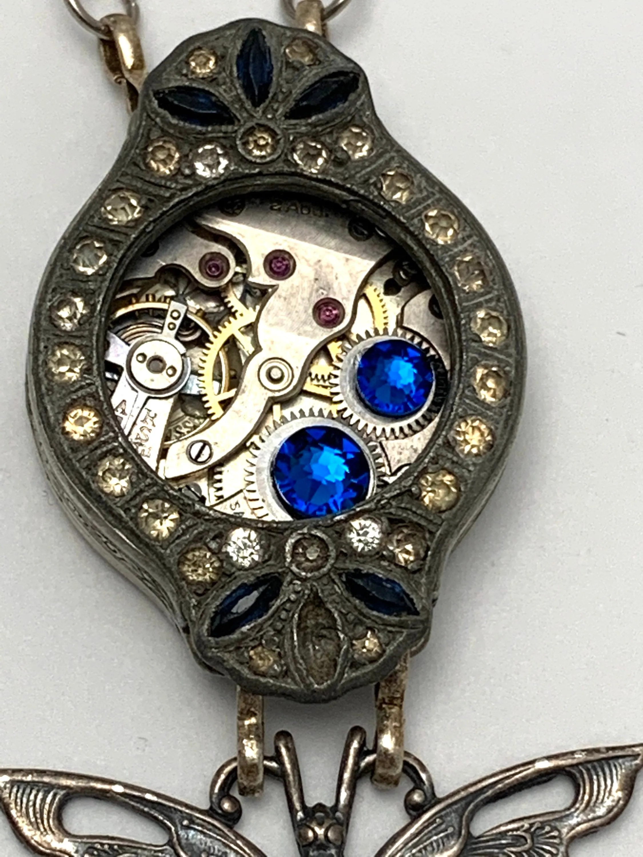 Steampunk watch Sapphire and Diamond case Necklace - Flutter - Butterfly Swarovski crystal - gift for mom - Birthday gift for her