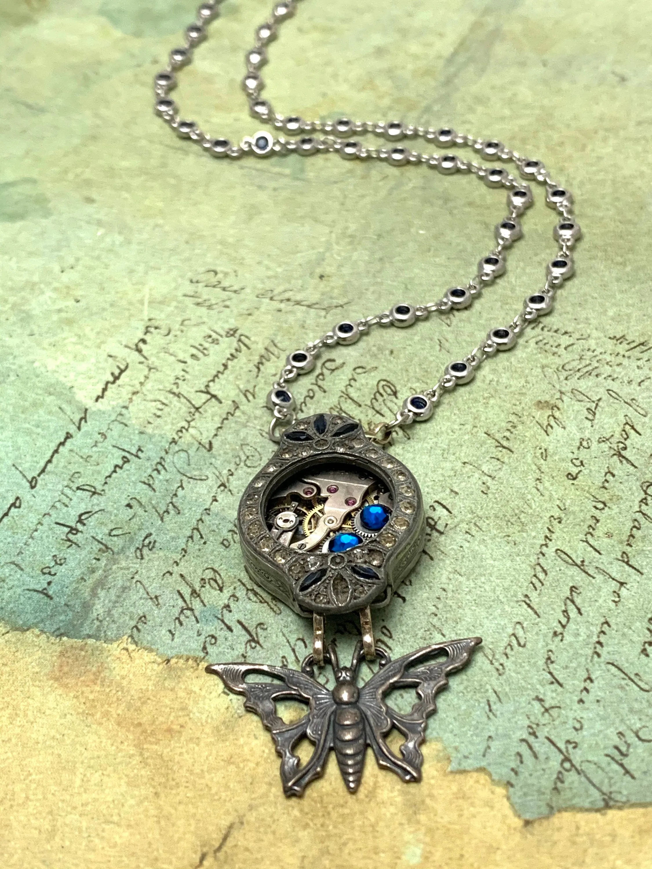 Steampunk watch Sapphire and Diamond case Necklace - Flutter - Butterfly Swarovski crystal - gift for mom - Birthday gift for her