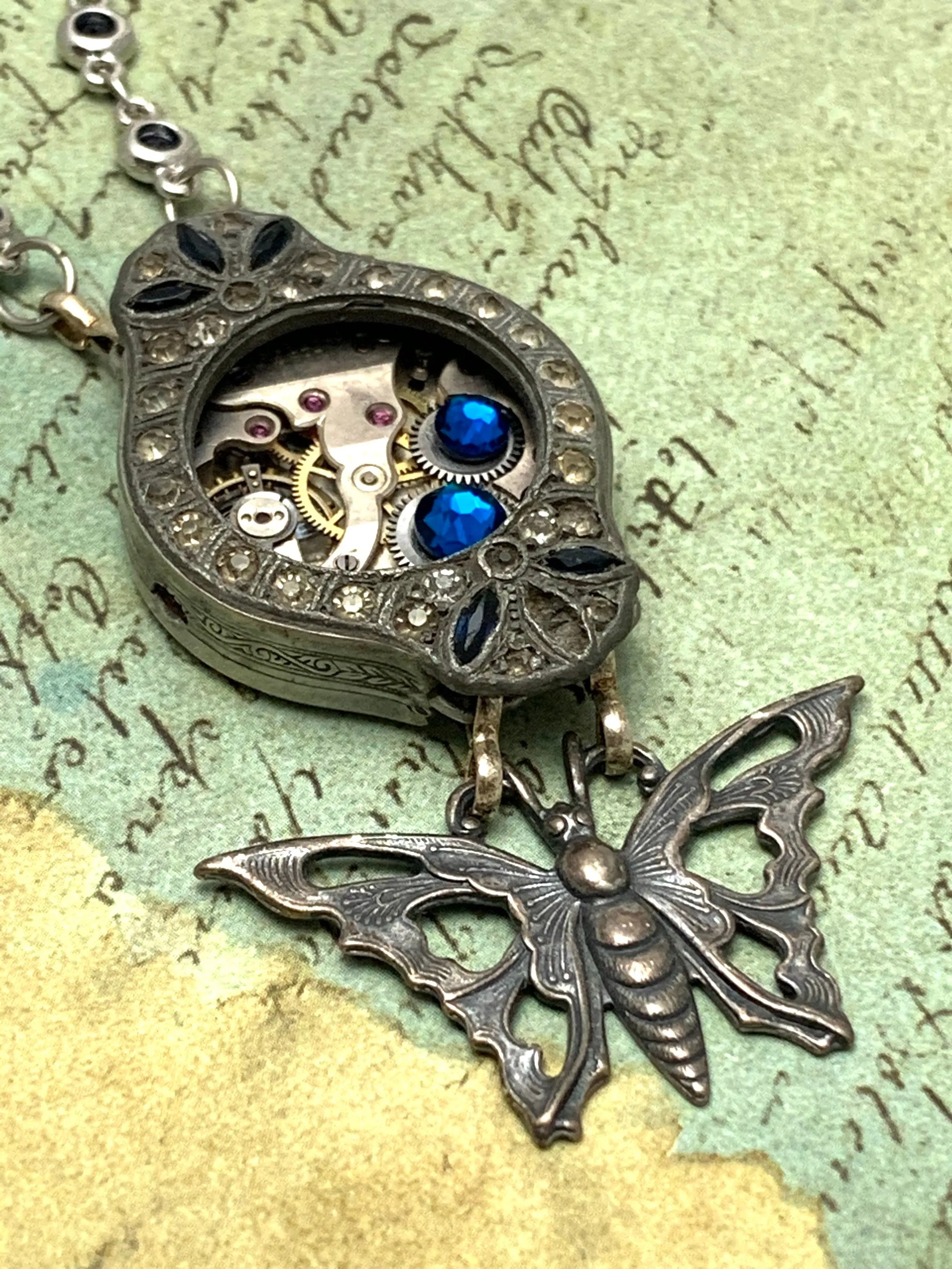 Steampunk watch Sapphire and Diamond case Necklace - Flutter - Butterfly Swarovski crystal - gift for mom - Birthday gift for her