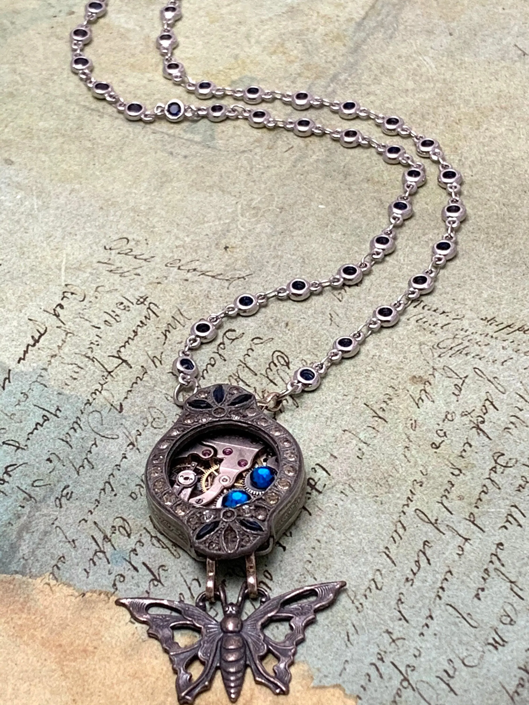 Steampunk watch Sapphire and Diamond case Necklace - Flutter - Butterfly Swarovski crystal - gift for mom - Birthday gift for her