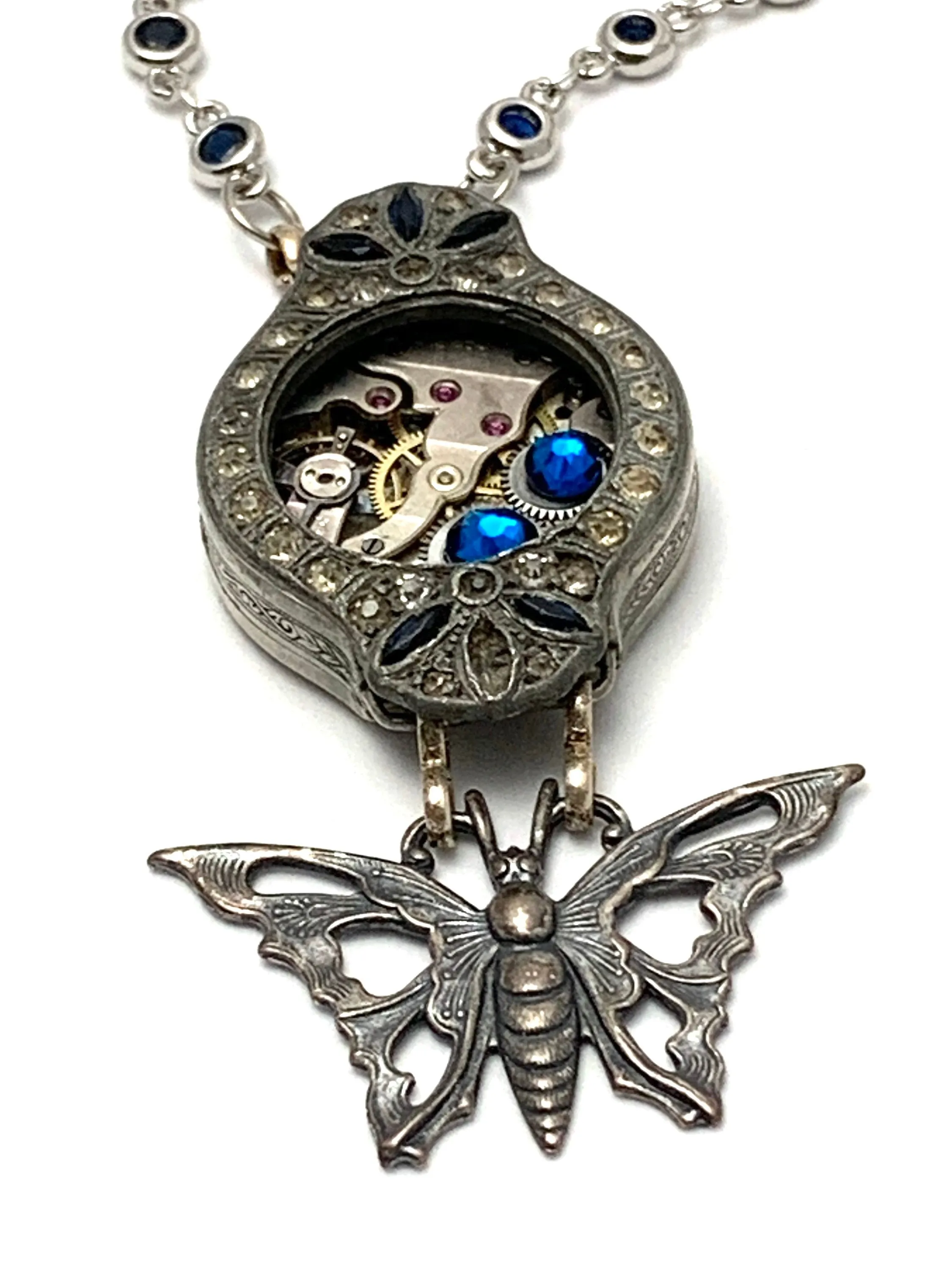 Steampunk watch Sapphire and Diamond case Necklace - Flutter - Butterfly Swarovski crystal - gift for mom - Birthday gift for her