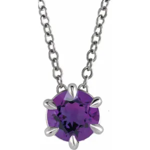 Sterling Silver 6 mm Natural Amethyst Solitaire 16-18" Necklace