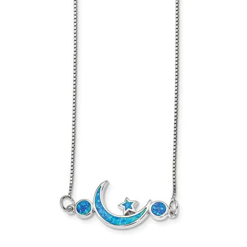 Sterling Silver Created Blue Opal Moon & Star Necklace