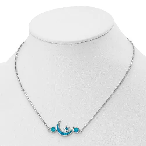 Sterling Silver Created Blue Opal Moon & Star Necklace