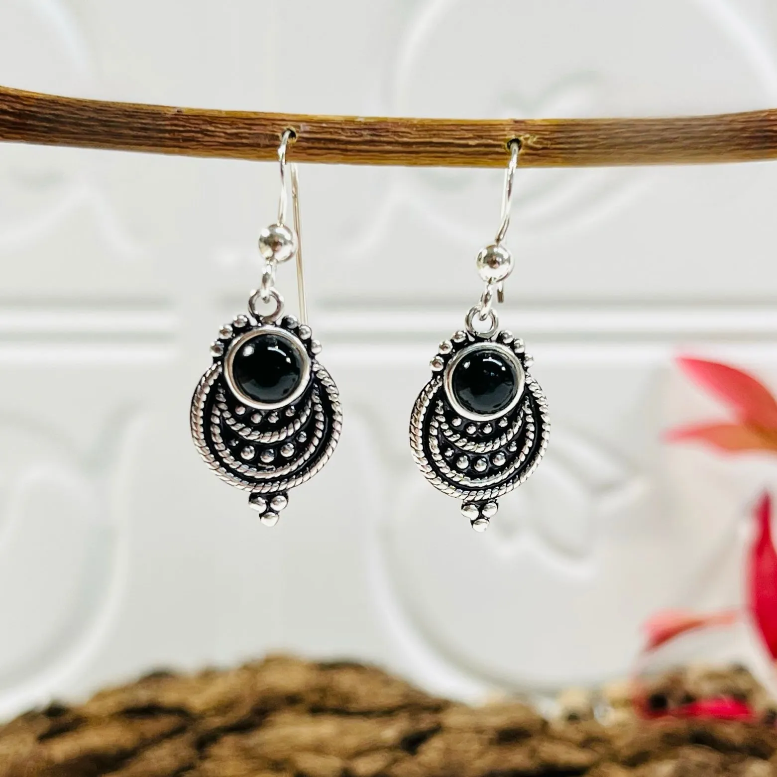 Sterling Silver Earrings With Black Gemstone