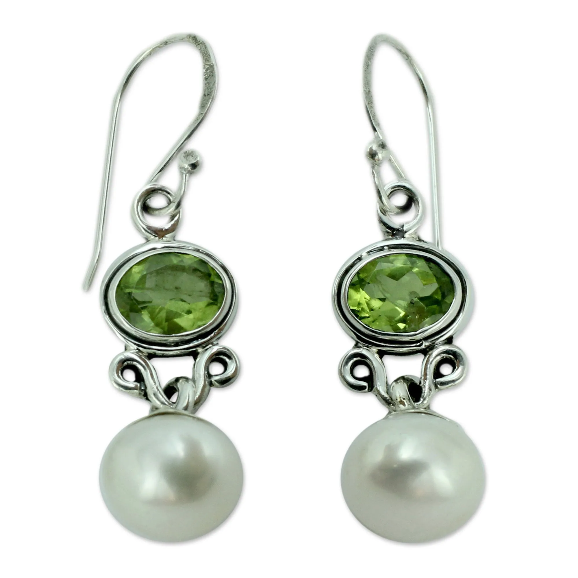 Sterling Silver Jewelry Pearl and Peridot Earrings - Verdant Light | NOVICA