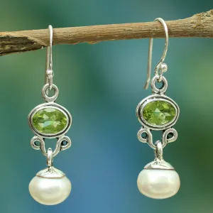 Sterling Silver Jewelry Pearl and Peridot Earrings - Verdant Light | NOVICA