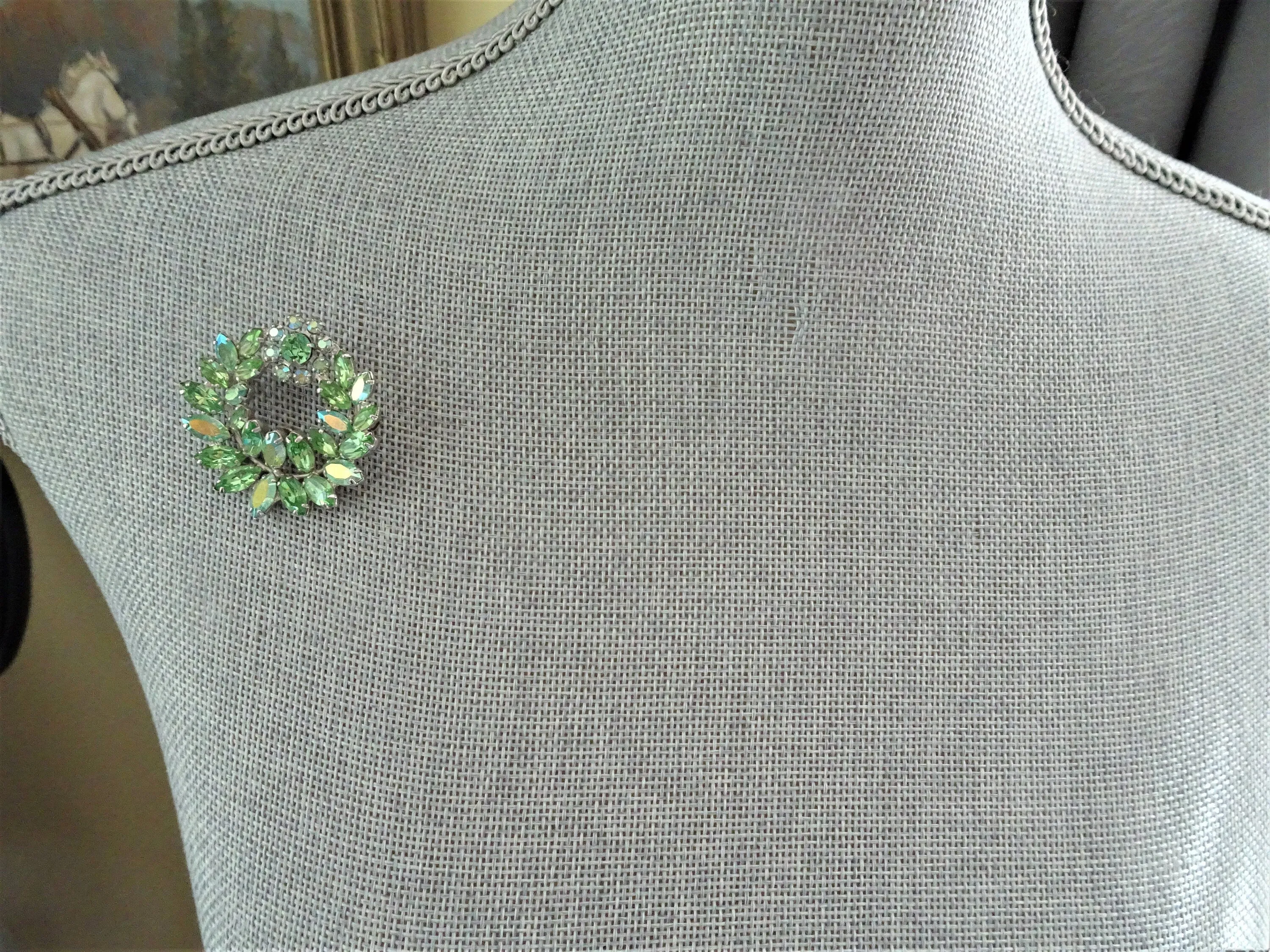 STUNNING Brooch and Earrings Set,Signed SHERMAN, Sparkling Peridot and AB Glass Swarovski Rhinestones, Mid-Century Vintage Jewelry