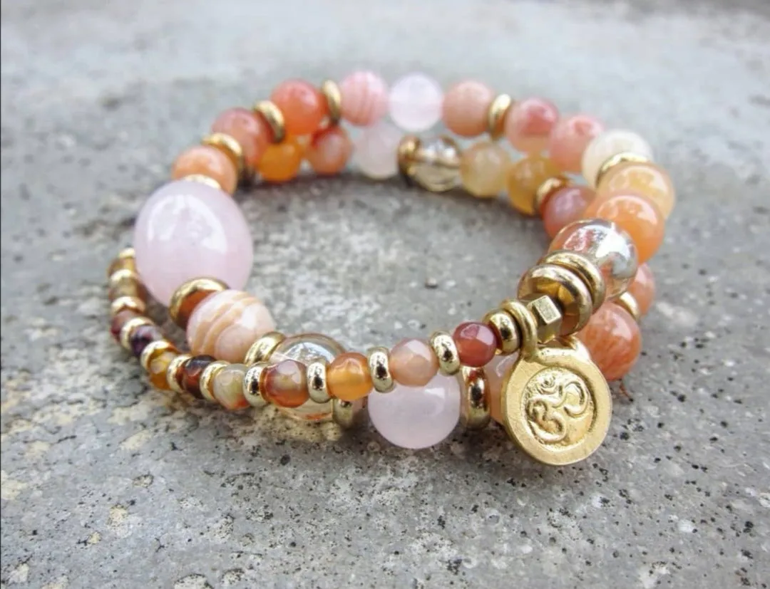 Sunstone, Pink Rose Quartz, Pink Moroccan Agate Mala Bracelet in 27 Beads w/ 24 Gold Filled OM Charm