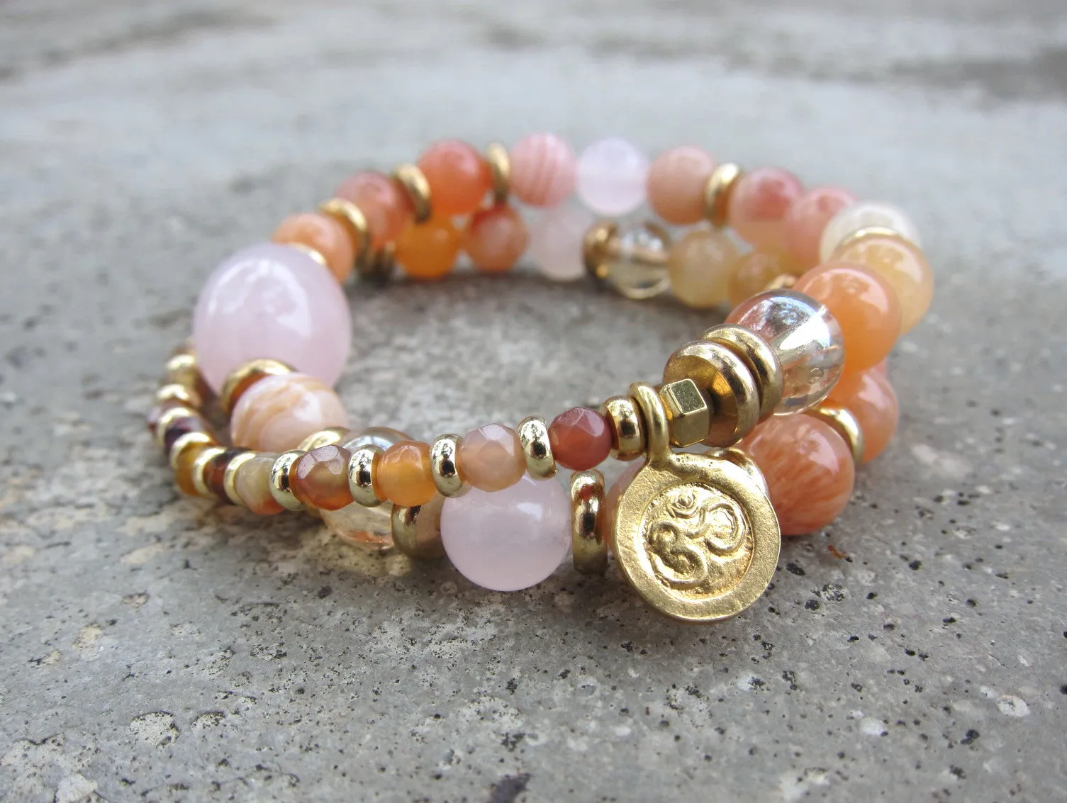 Sunstone, Pink Rose Quartz, Pink Moroccan Agate Mala Bracelet in 27 Beads w/ 24 Gold Filled OM Charm