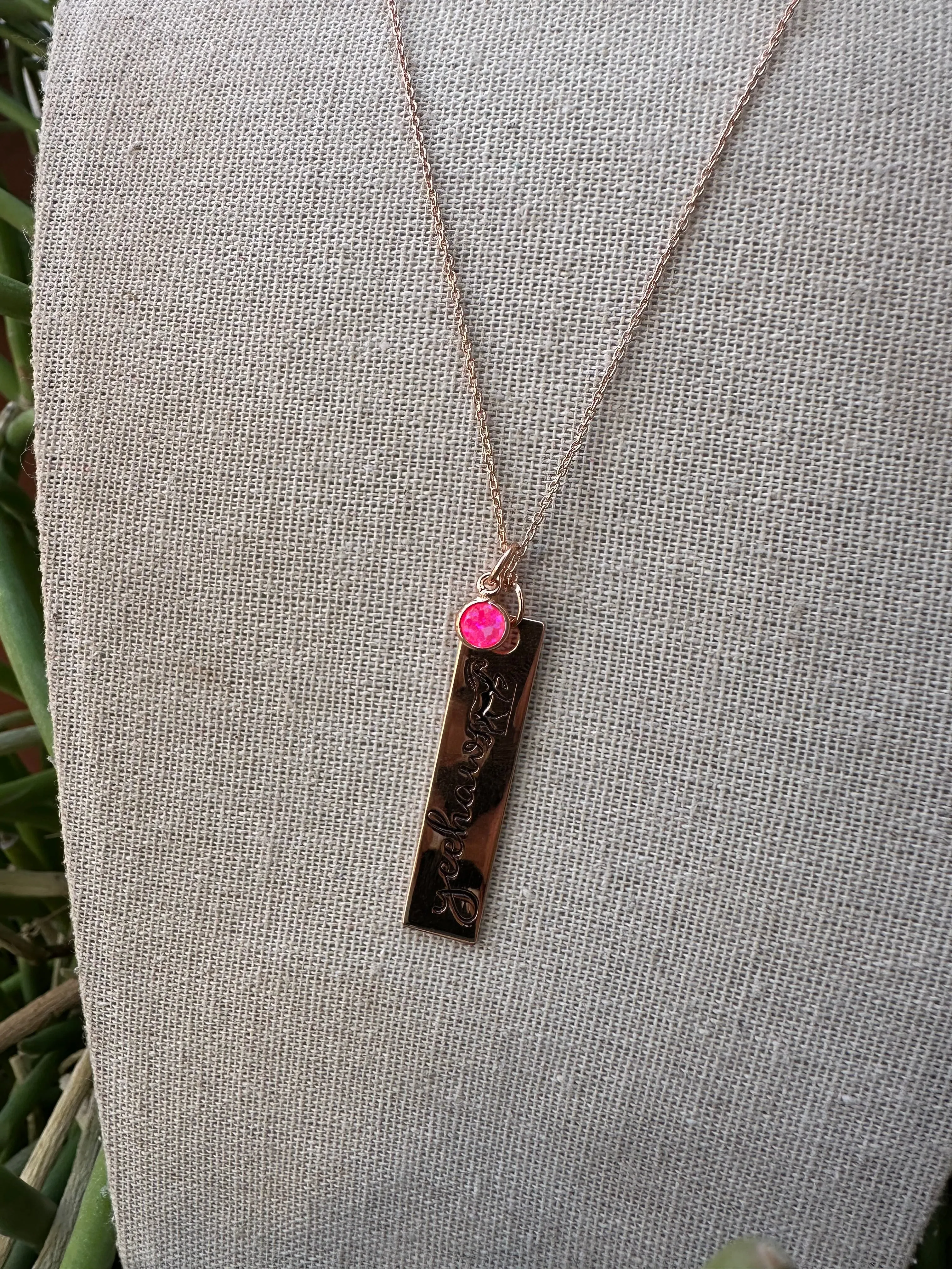 “The Golden Collection” YEEHAW Handmade Hot Pink Fire Opal Rose Gold Plated Bar Charm Necklace