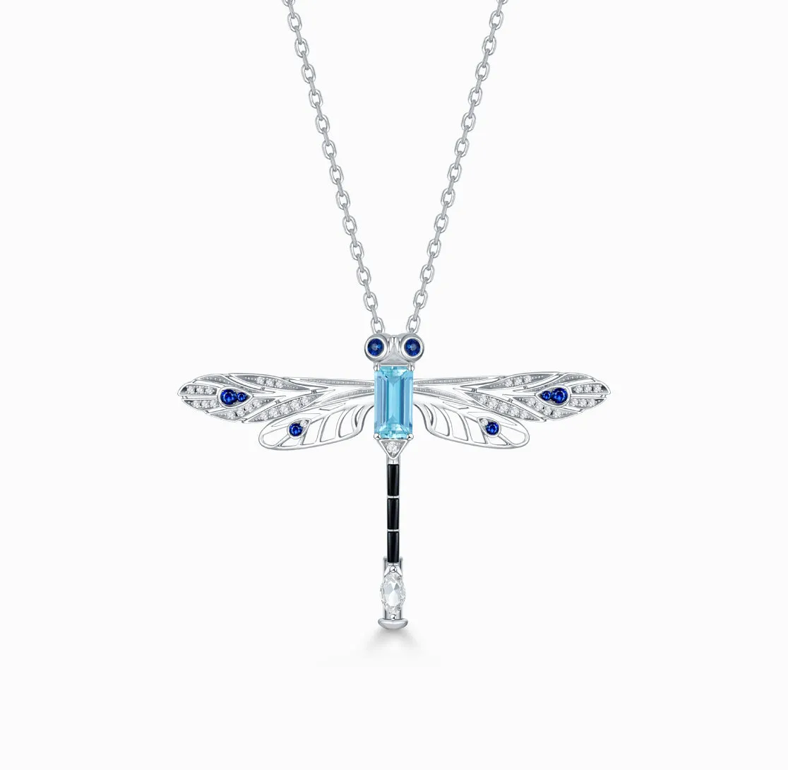 THIALH - FAUNA & FLORA - Dragonfly, Aquamarine, Sapphire and Diamond in 18K White Gold Necklace