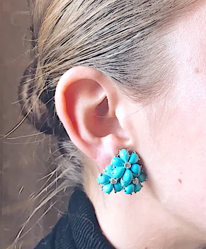 Turquoise Flower Diamonds Cluster Earrings