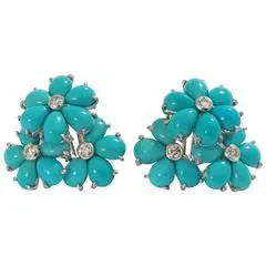 Turquoise Flower Diamonds Cluster Earrings