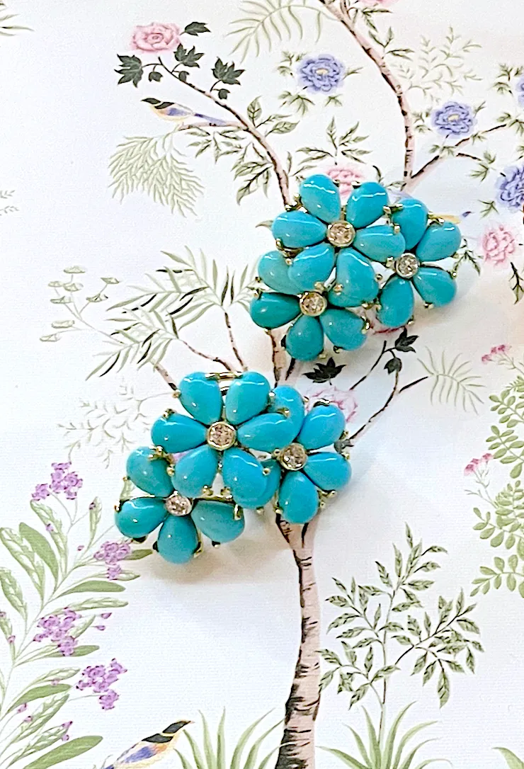 Turquoise Flower Diamonds Cluster Earrings