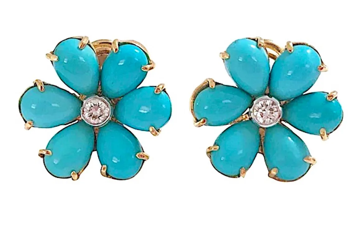 Turquoise Flower Diamonds Cluster Earrings