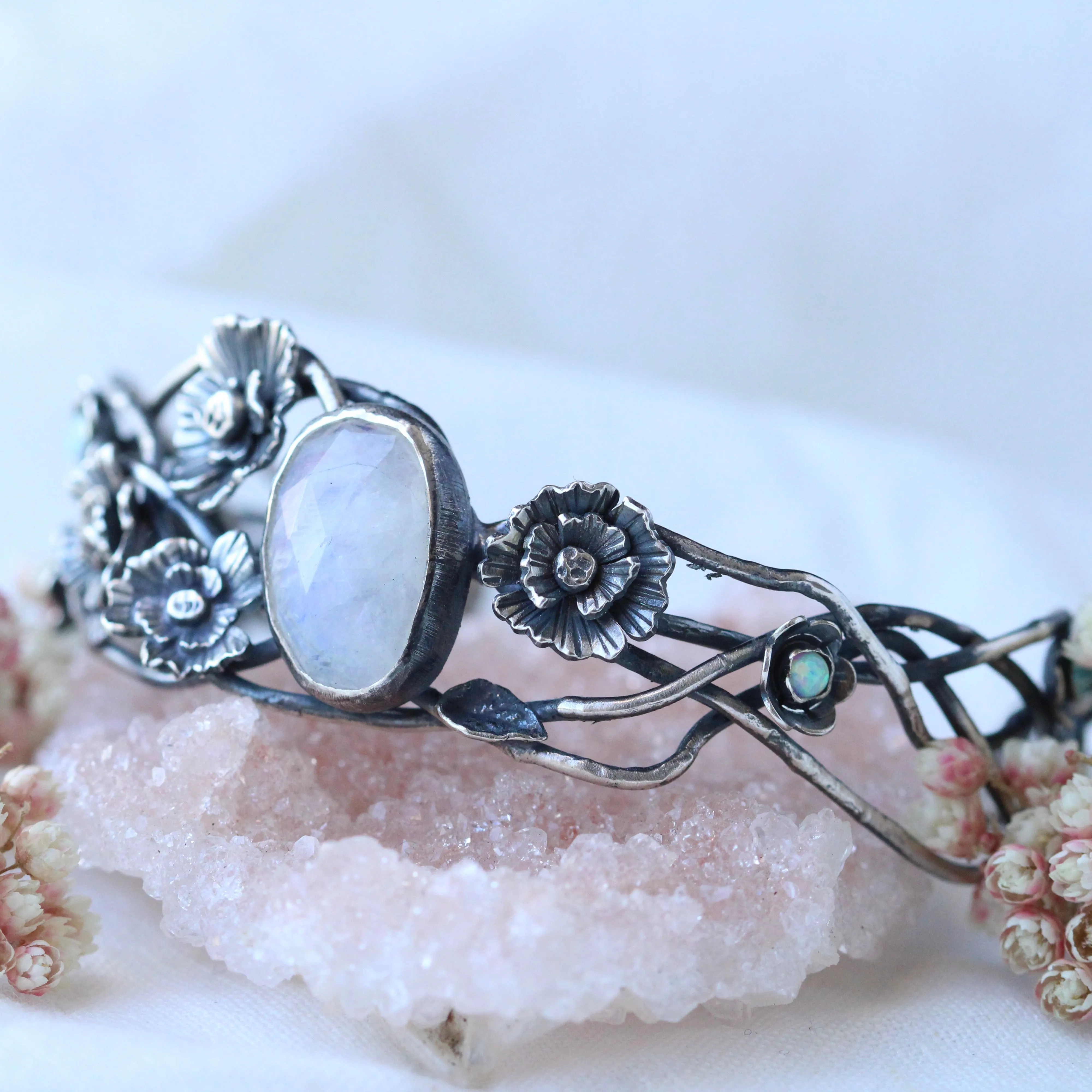 Twilight Garden Poppy and Moonstone Silver Cuff Bracelet