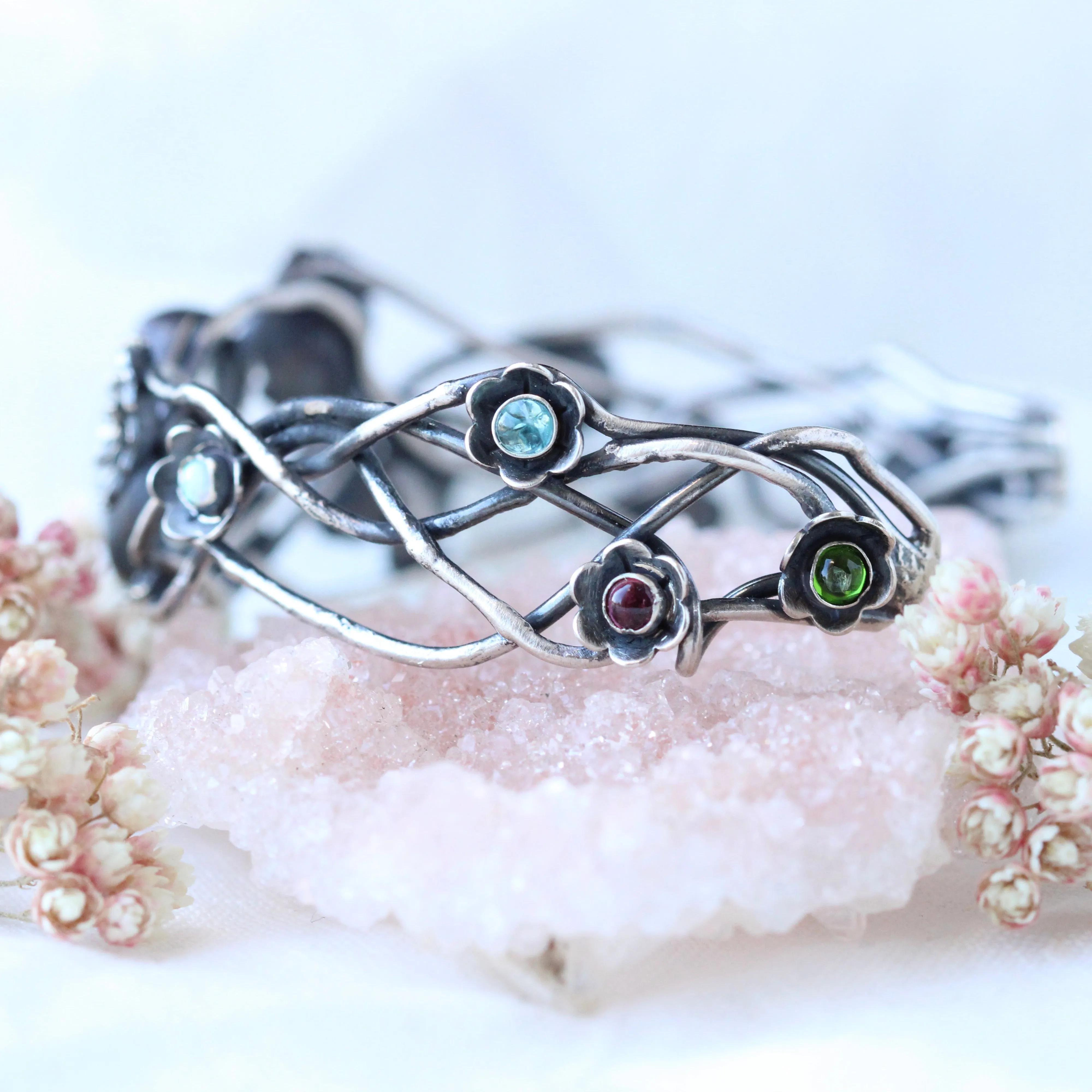 Twilight Garden Poppy and Moonstone Silver Cuff Bracelet