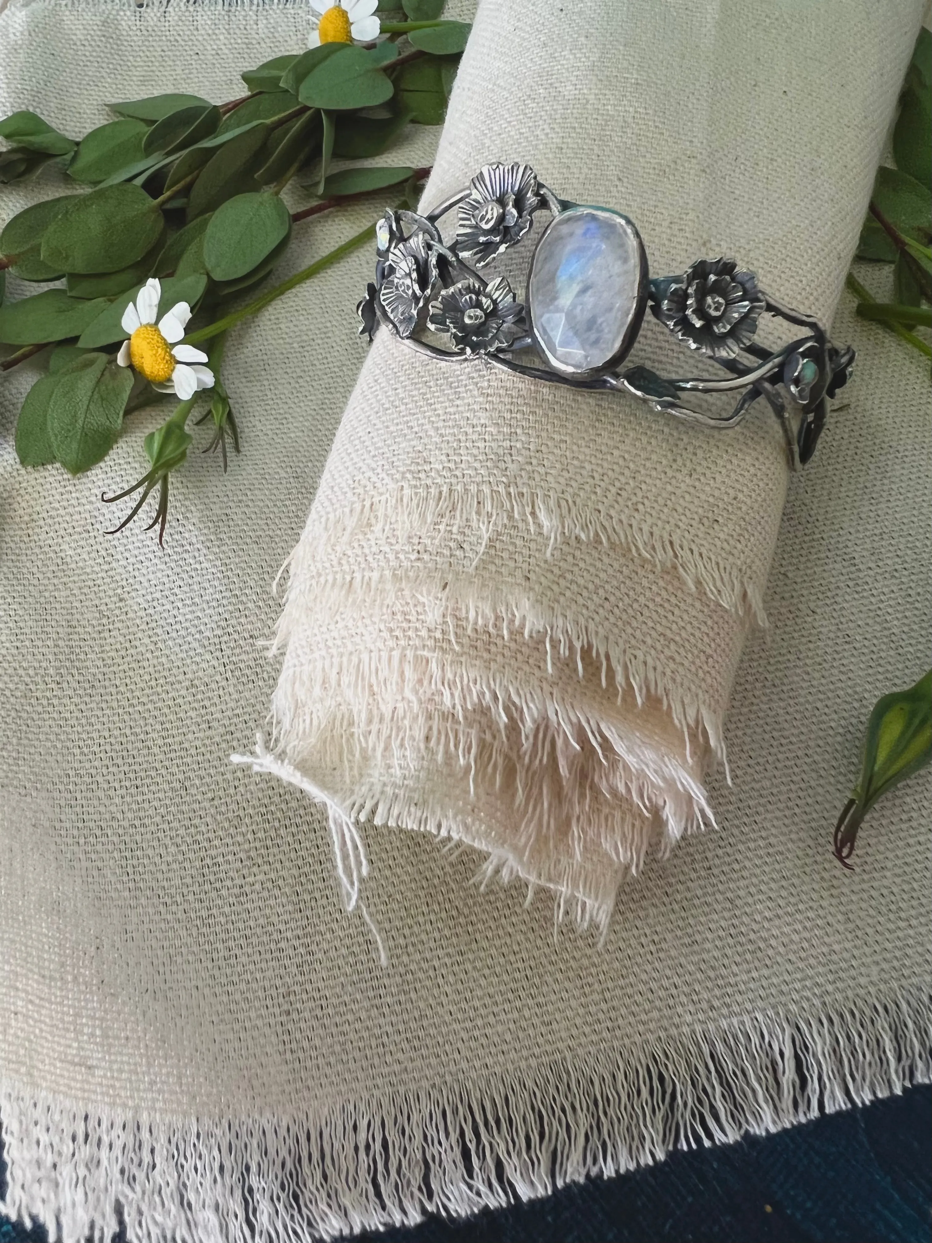 Twilight Garden Poppy and Moonstone Silver Cuff Bracelet